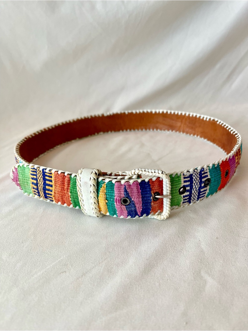 Vintage Guatemalan Multicolor Woven Leather Belt White Whipstitch